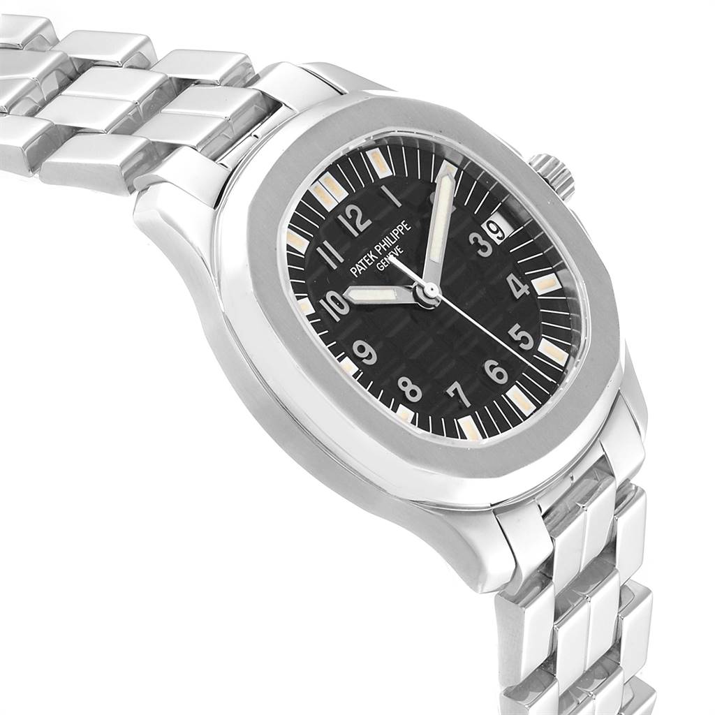 The image shows a Patek Philippe Aquanaut 5065/1A-010 Men's Stainless Steel Black Dial 5065/1A-010 Men's Stainless Steel Black Dial model watch from an angled side view, highlighting the black dial, bezel, and metal bracelet.