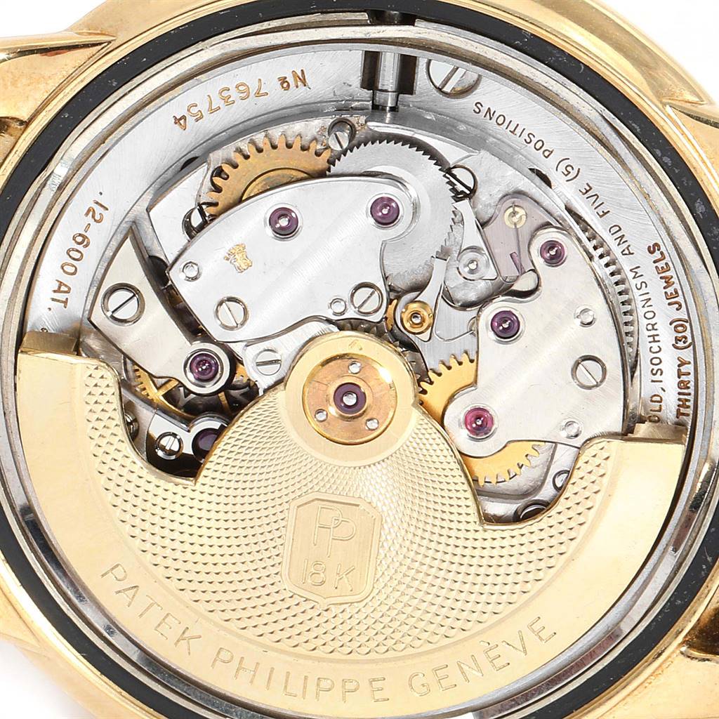 This image shows the intricate inner mechanism of a Vintage Patek Philippe watch from the back angle, highlighting its mechanical components.