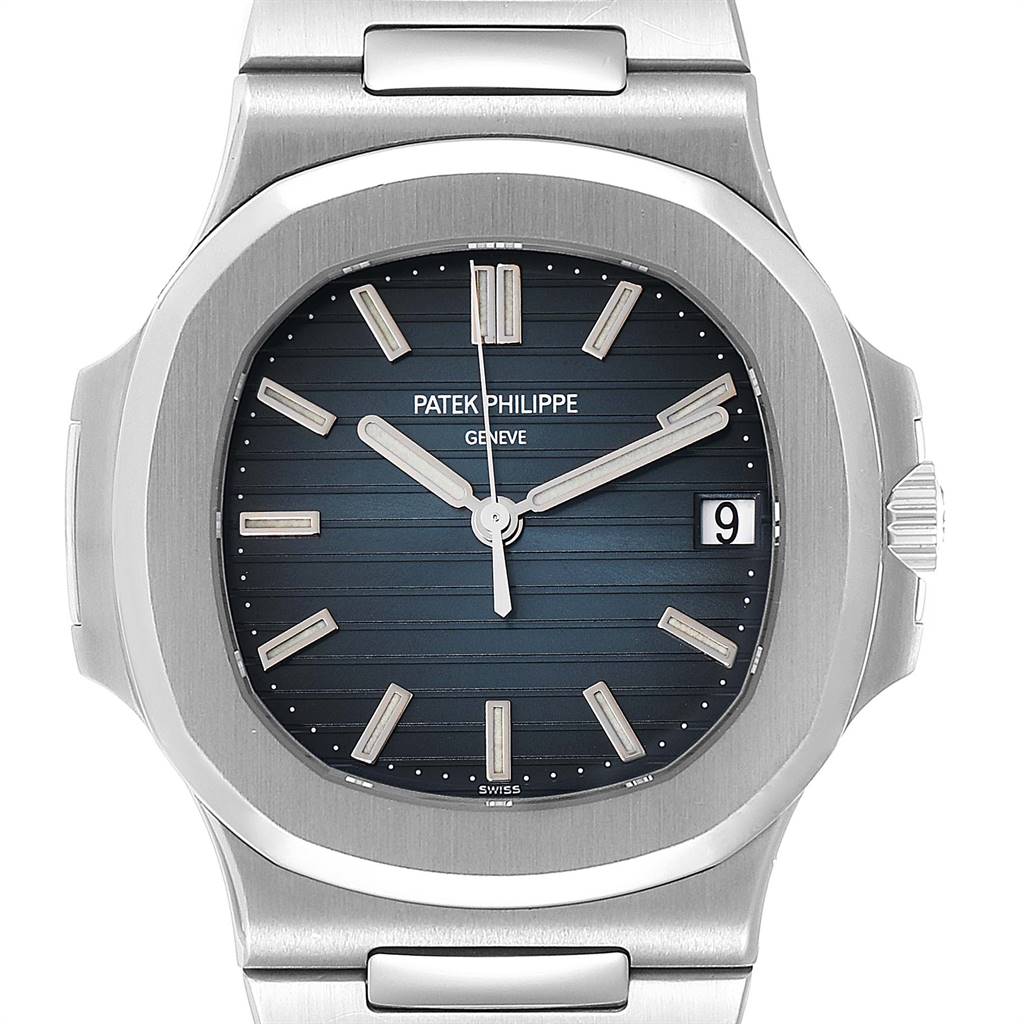 This is a front-facing view of a Patek Philippe Nautilus 5711/1A-010 Men's Stainless Steel Blue Dial 5711/1A-010 Men's Stainless Steel Blue Dial watch showing its dial, case, bezel, and part of the bracelet.