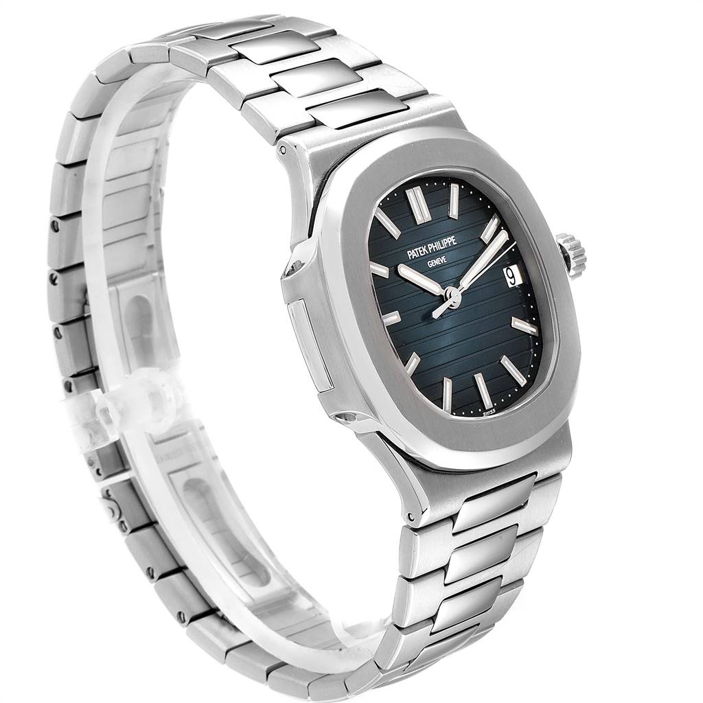 The image shows a side profile of a Patek Philippe Nautilus 5711/1A-010 Men's Stainless Steel Blue Dial 5711/1A-010 Men's Stainless Steel Blue Dial watch, highlighting its bracelet and case.