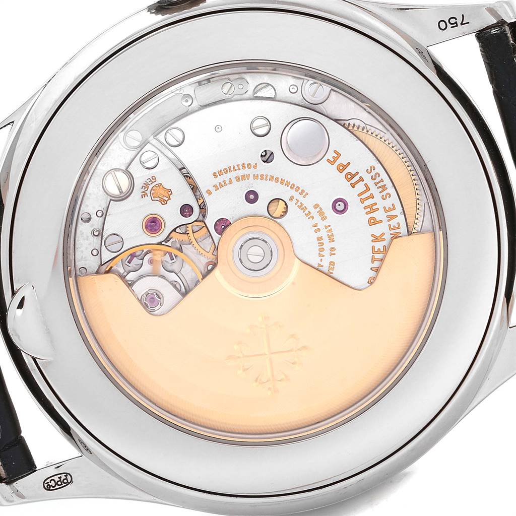 This image shows the back view of the Patek Philippe Complications 5396G-001 Men's White Gold Silver Dial 5396G-001 Men's White Gold Silver Dial model, highlighting its intricate movement and components.