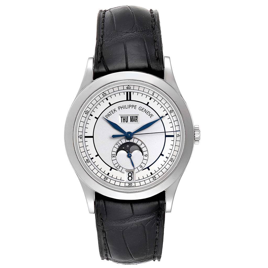 This image shows a front view of the Patek Philippe Complications 5396G-001 Men's White Gold Silver Dial 5396G-001 Men's White Gold Silver Dial model watch with a black leather strap.