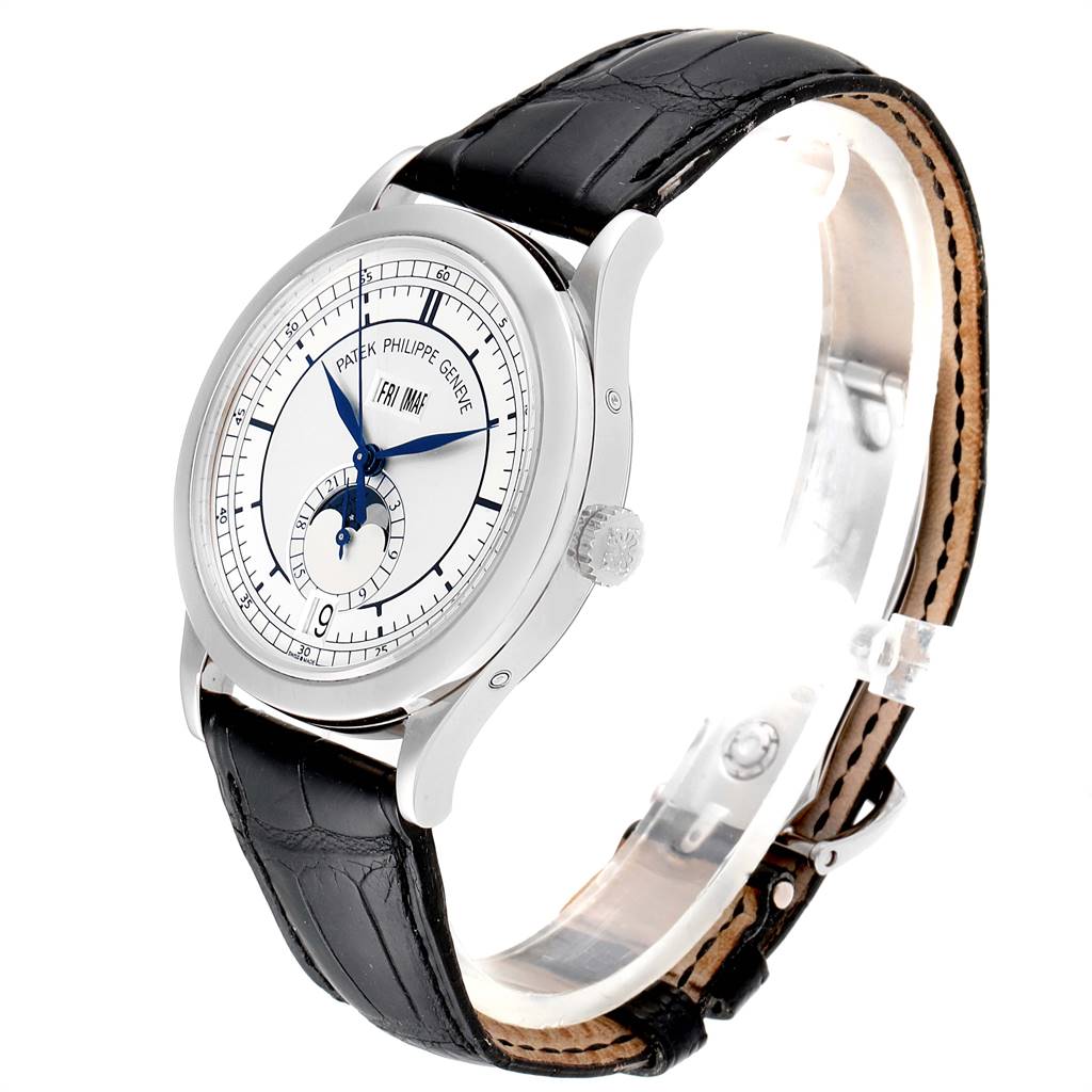 The Patek Philippe Complications 5396G-001 Men's White Gold Silver Dial 5396G-001 Men's White Gold Silver Dial model watch is shown at a slight angle, highlighting the face, crown, and leather strap.