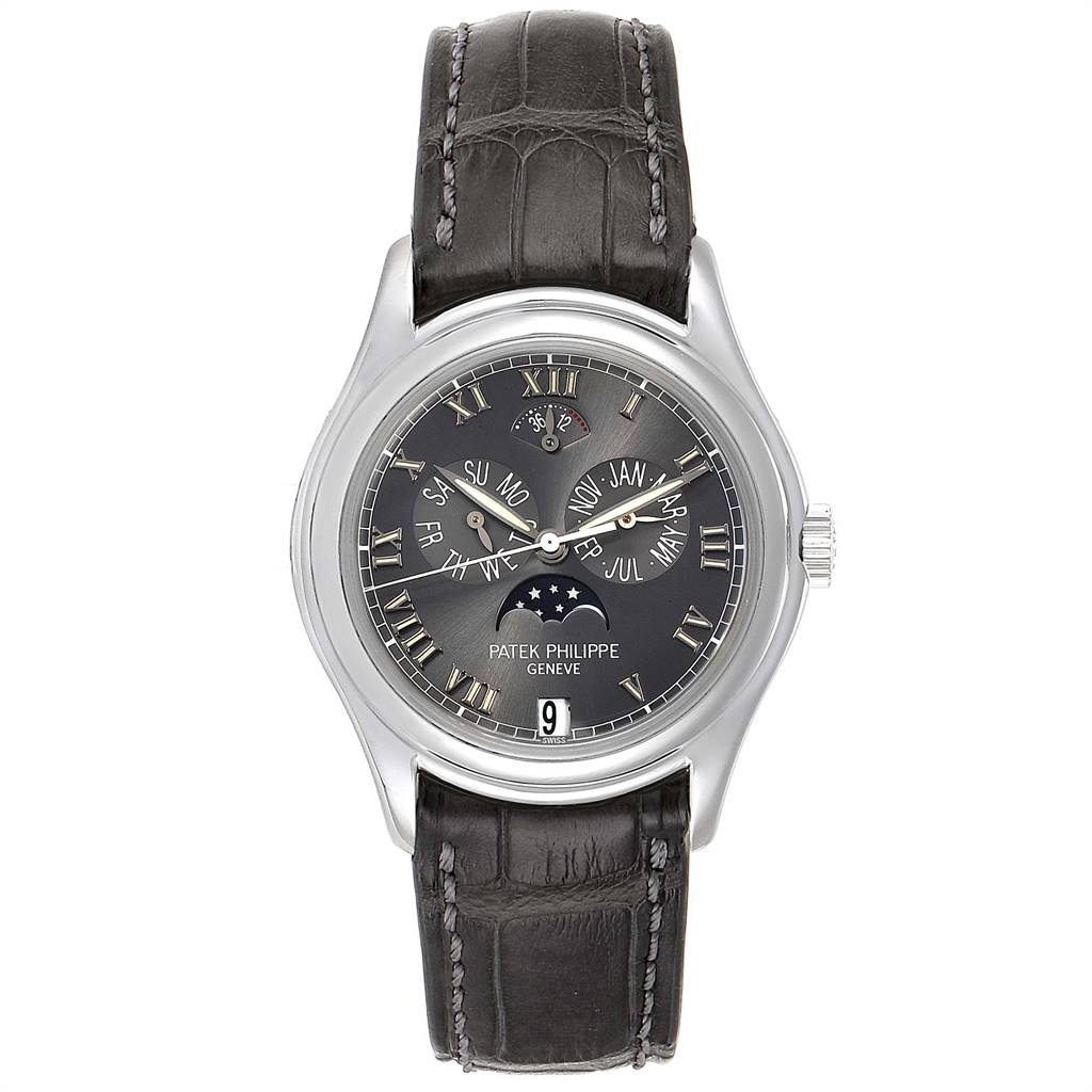 The image shows a frontal view of the Patek Philippe Complications 5056P Men's White Gold Grey Dial 5056P Men's White Gold Grey Dial watch, highlighting the face, dial, and leather strap.