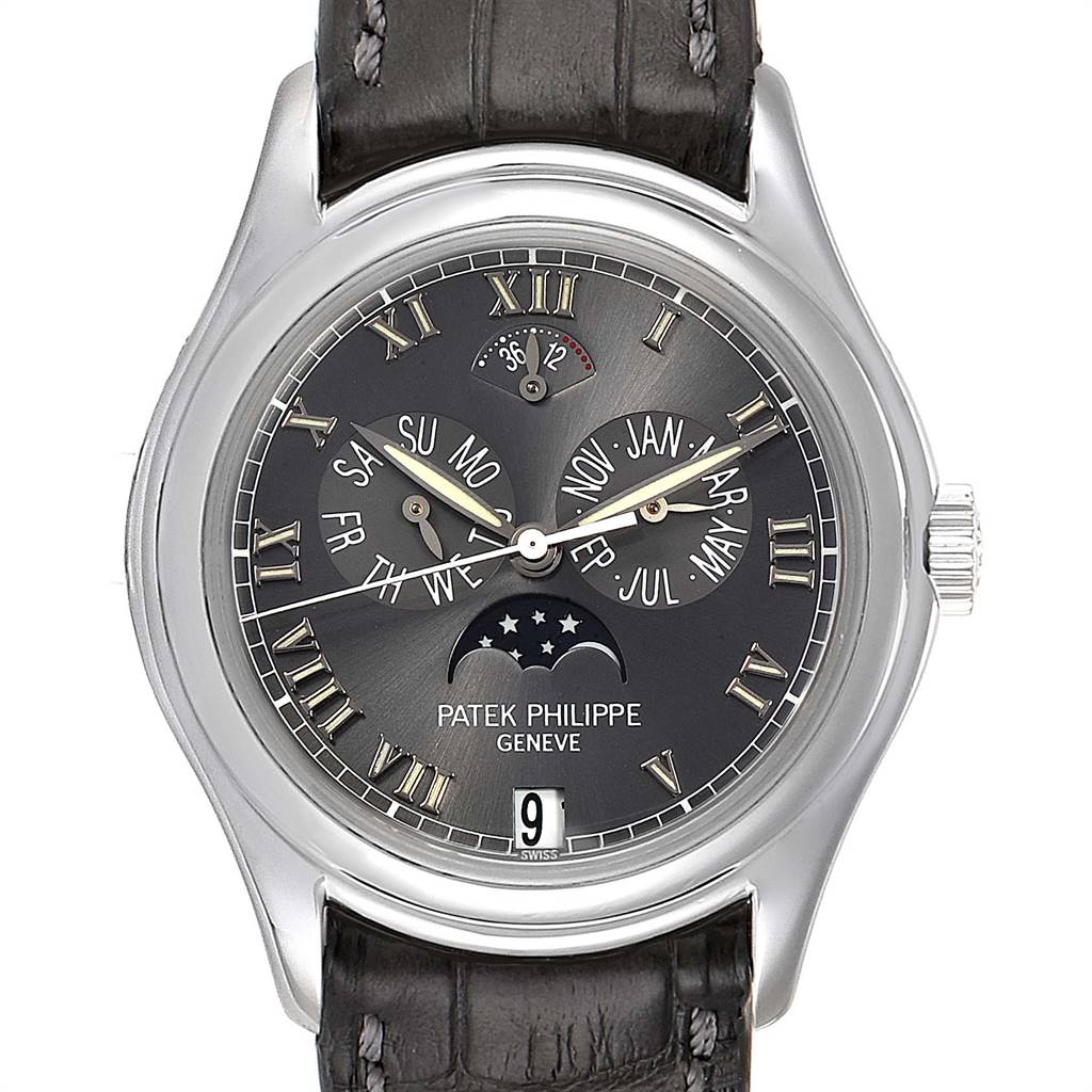 The image shows a front view of the Patek Philippe Complications 5056P Men's White Gold Grey Dial 5056P Men's White Gold Grey Dial watch, highlighting the detailed dial and complications.