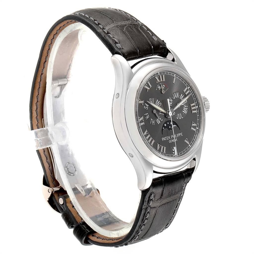 The image shows a side view of the Patek Philippe Complications 5056P Men's White Gold Grey Dial 5056P Men's White Gold Grey Dial model, highlighting the face, case, and leather strap.