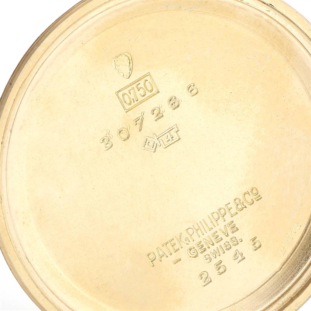The image shows the inner case back of a vintage Patek Philippe watch, featuring hallmarks and serial numbers.