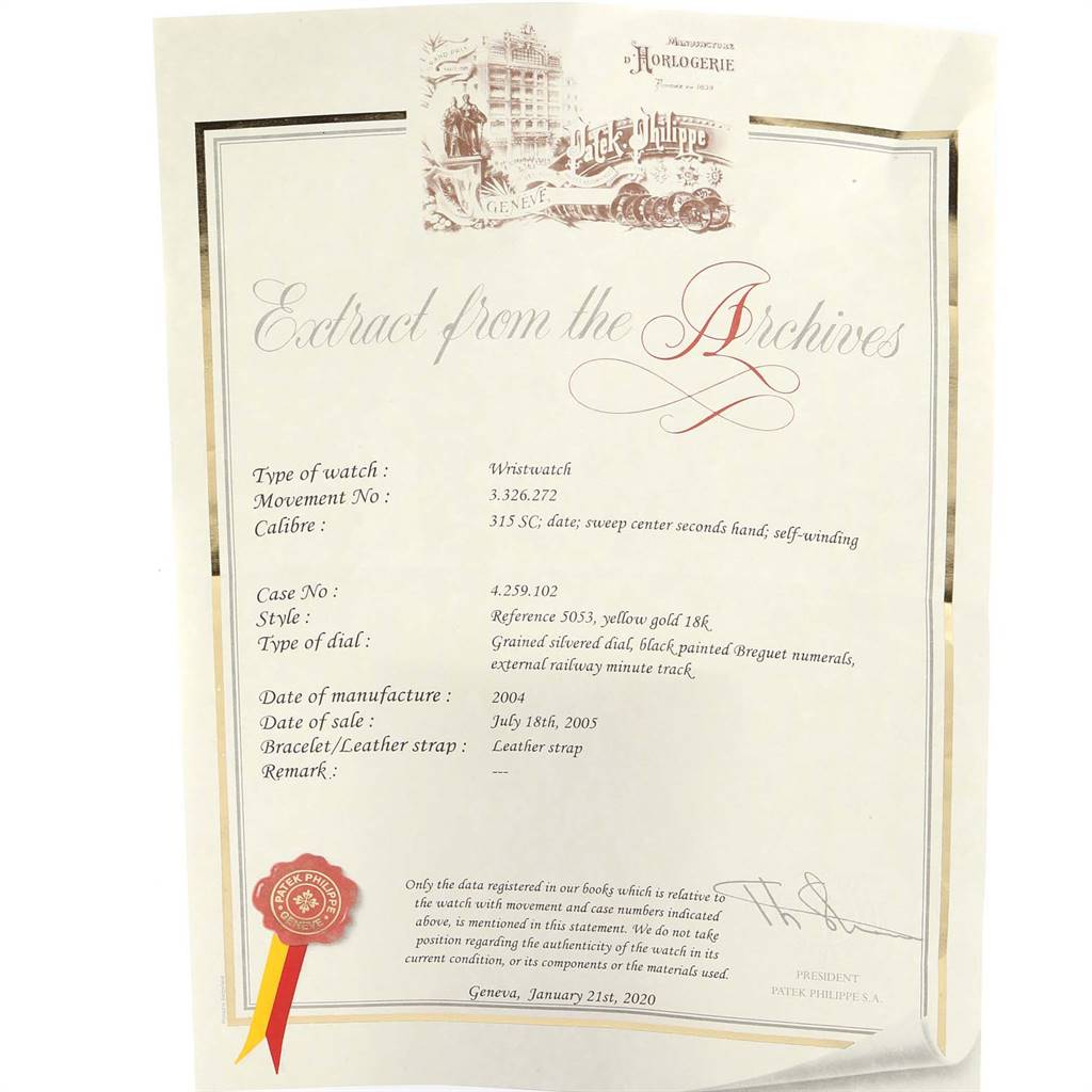 The image shows a certificate titled "Extract from the Archives" for the Patek Philippe Calatrava 5053 Men
s Yellow Gold Beige Dial 5053 Men
s Yellow Gold Beige Dial watch.