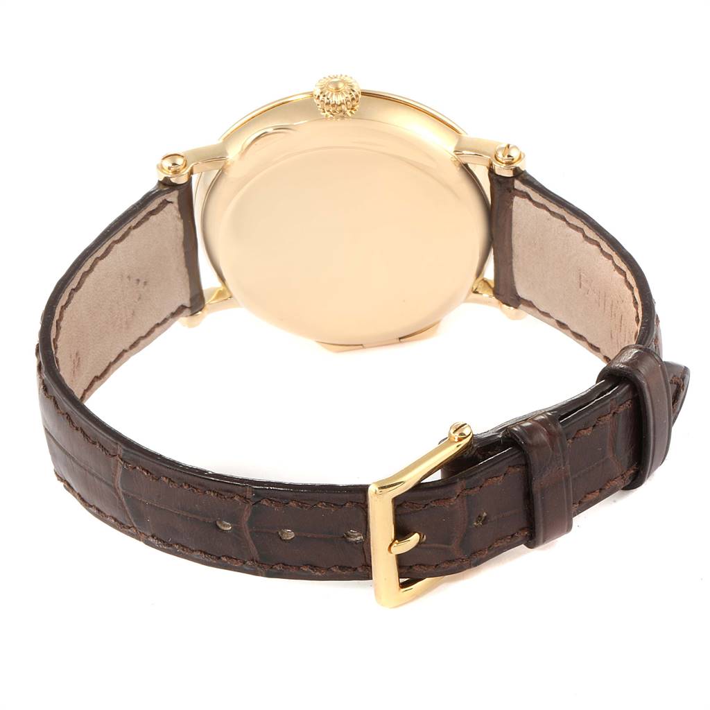 The image shows the back case and leather strap with a buckle of the Patek Philippe Calatrava 5053 Men
s Yellow Gold Beige Dial 5053 Men
s Yellow Gold Beige Dial watch.