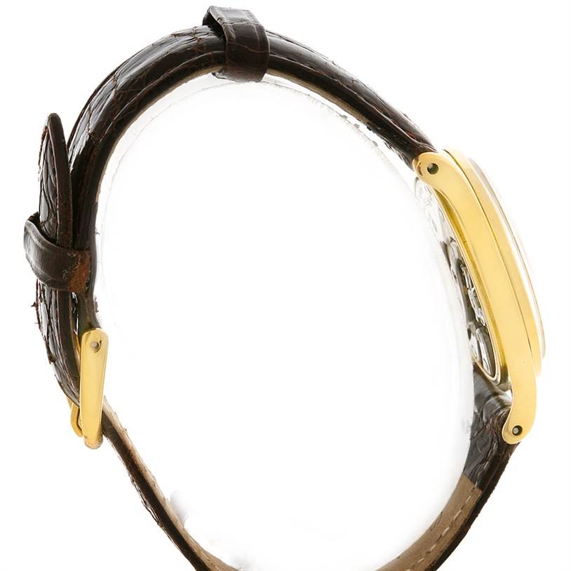 The image shows a side view of a Vintage Patek Philippe watch featuring its gold case and brown leather strap.