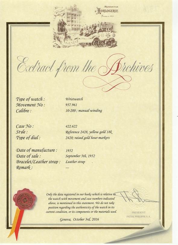 This certificate for the vintage Patek Philippe wristwatch model shows details like the movement, case, and manufacturing date.