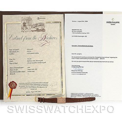 The image shows a letter and certificate for a Vintage Patek Philippe watch, along with the watch's leather strap.