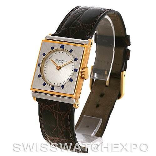 Vintage Patek Philippe Mens 18K Yellow Gold Platinum Sapphire Hour Markers 482 SwissWatchExpo