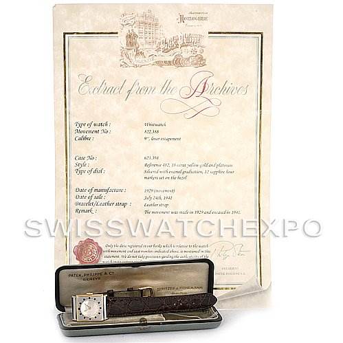 The image shows a Vintage Patek Philippe watch, a certificate of Best Quality
ity, and the watch case at a front view angle.