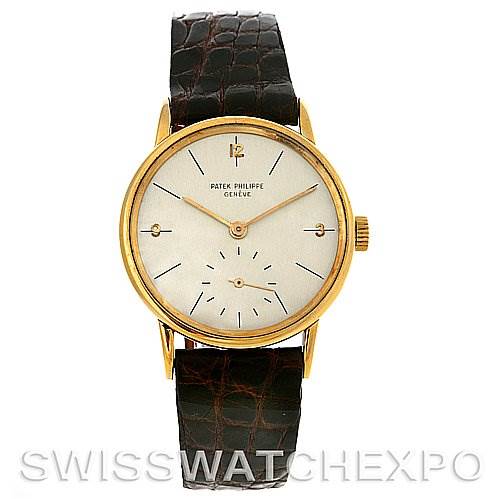 This is a frontal view of a Vintage Patek Philippe watch, showcasing its dial, hands, case, and leather strap.