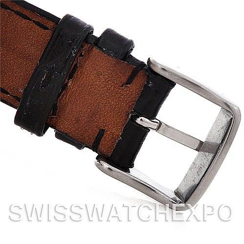 The image shows a close-up of the leather strap and buckle of a Vintage Patek Philippe watch.