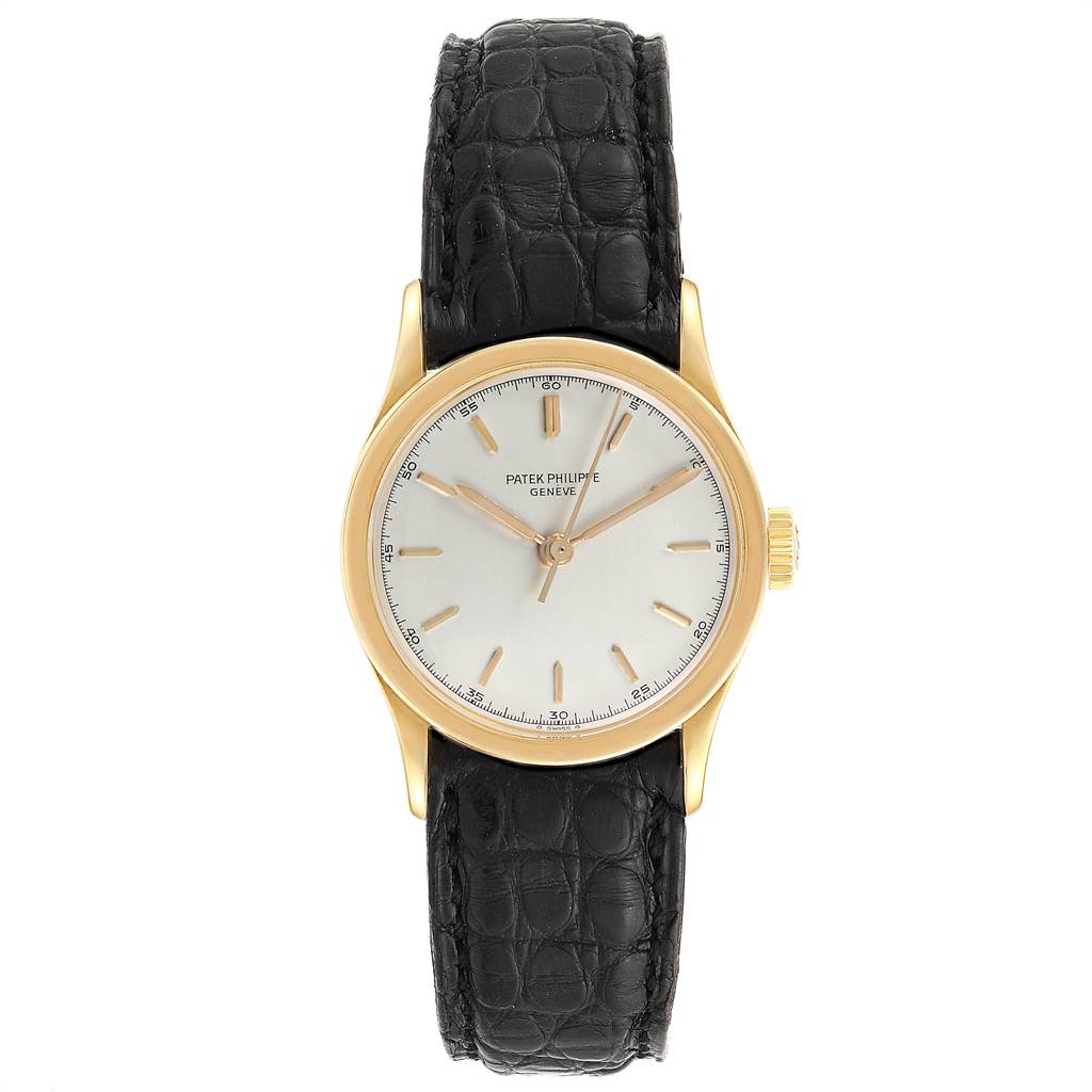 This image shows a frontal view of a Patek Philippe Vintage 2457 Men's Yellow Gold Silver Dial 2457 Men's Yellow Gold Silver Dial watch with a gold case and black leather strap.