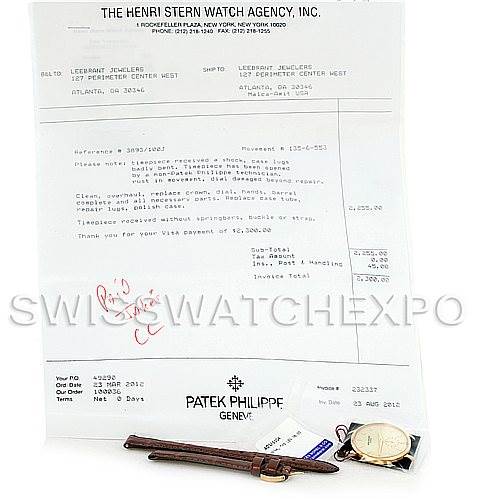 The image shows a Patek Philippe Vintage 3893 Men's Yellow Gold Champagne Dial 3893 Men's Yellow Gold Champagne Dial watch with its leather strap, placed alongside its authenticity documents from The Henri Stern Watch Agency.