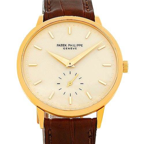 This is a front view of a Vintage Patek Philippe watch, showing the dial, hands, case, and brown leather strap.
