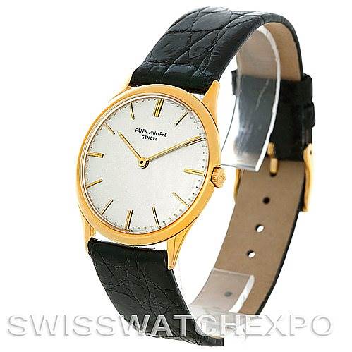 The image shows a Patek Philippe Vintage 2588 Men's Yellow Gold Silver Dial 2588 Men's Yellow Gold Silver Dial model watch at a slight angle, highlighting the dial, case, and black leather strap.