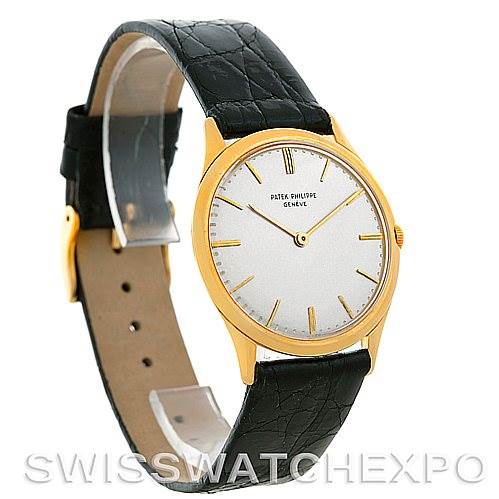 This is a front and slight side-angle view of a Patek Philippe Vintage 2588 Men's Yellow Gold Silver Dial 2588 Men's Yellow Gold Silver Dial watch, showcasing its dial, case, and black leather strap.