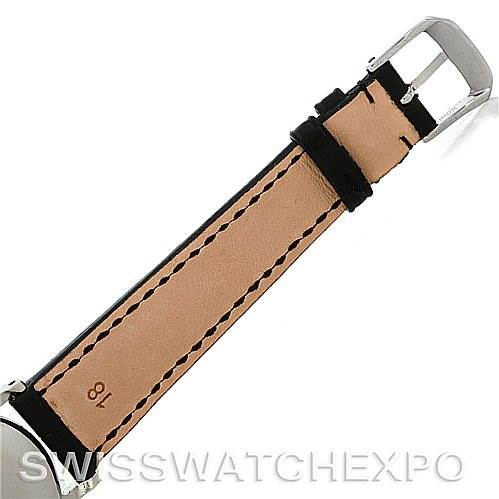 The image shows a close-up of the Patek Philippe Vintage Men's Stainless Steel Silver Dial Men's Stainless Steel Silver Dial watch from the back, highlighting the leather strap and buckle.