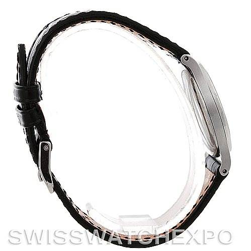 The image shows a side view of a Vintage Patek Philippe watch, highlighting the case and the black leather strap.