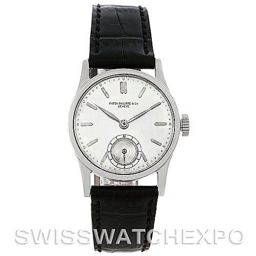 The image shows a front view of a Vintage Patek Philippe watch with a black leather strap and silver dial.
