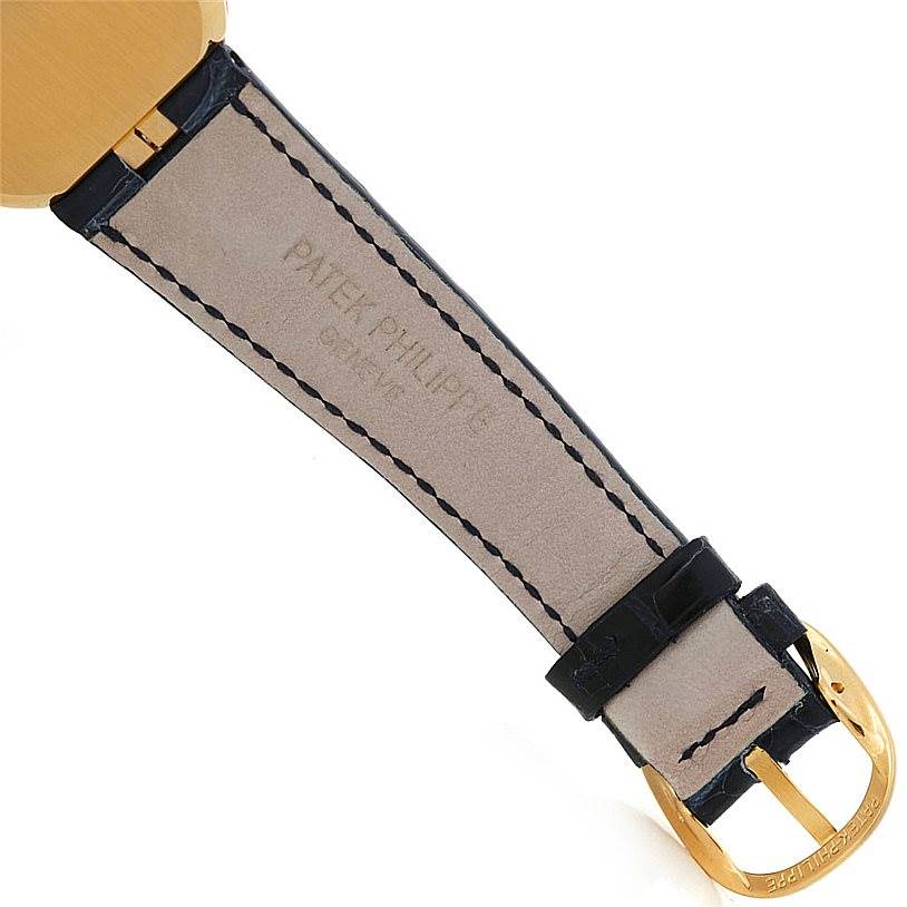 The image shows the leather strap and gold buckle of the Patek Philippe Golden Ellipse 3738 Men's Yellow Gold Blue Dial 3738 Men's Yellow Gold Blue Dial watch viewed from the back.