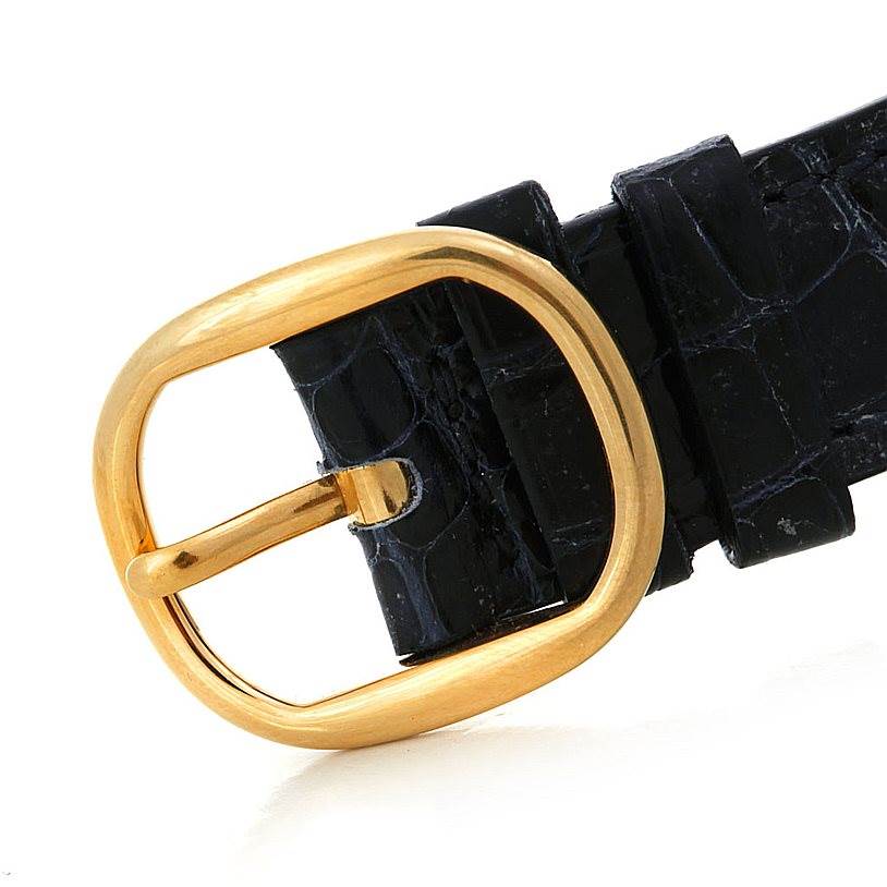 This image shows a close-up of the buckle and strap of a Patek Philippe Golden Ellipse 3738 Men's Yellow Gold Blue Dial 3738 Men's Yellow Gold Blue Dial watch.