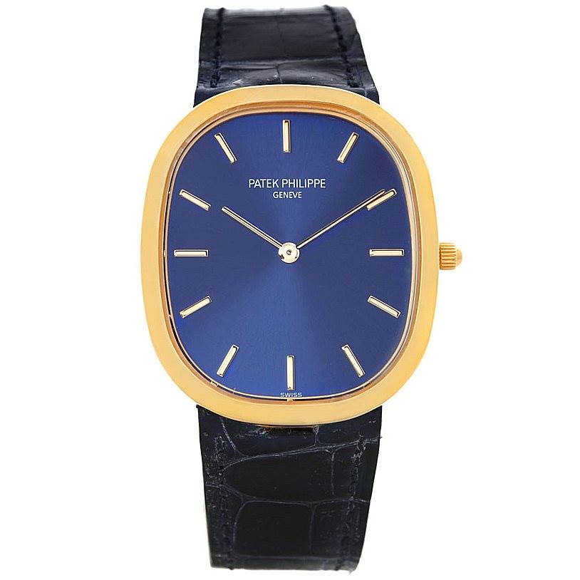 The Patek Philippe Golden Ellipse 3738 Men's Yellow Gold Blue Dial 3738 Men's Yellow Gold Blue Dial watch is shown from a front angle, displaying its blue dial, gold case, and black leather strap.