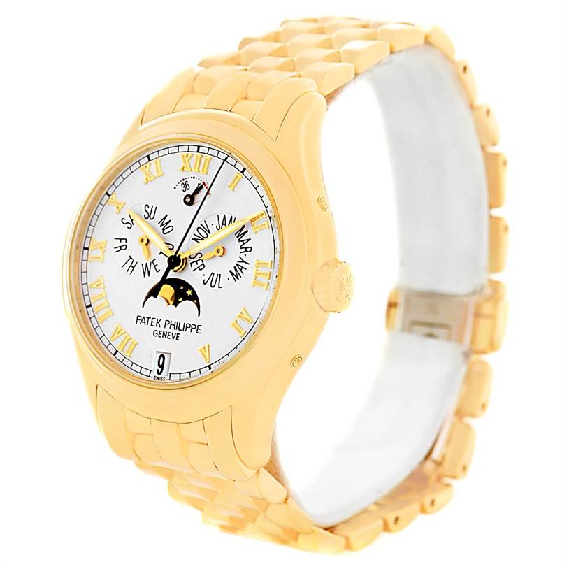 The image shows a side view of the Patek Philippe 5036 Men's Yellow Gold White Dial 5036 Men's Yellow Gold White Dial Annual Calendar Moonphase 18K Yellow Gold Watch 5036, highlighting the dial, bracelet, and case.