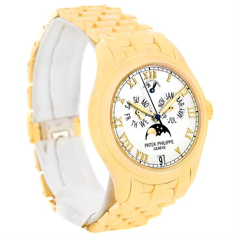 The image shows a Patek Philippe 5036 Men's Yellow Gold White Dial 5036 Men's Yellow Gold White Dial Annual Calendar Moonphase 18K Yellow Gold Watch 5036, viewed from an angled front perspective.