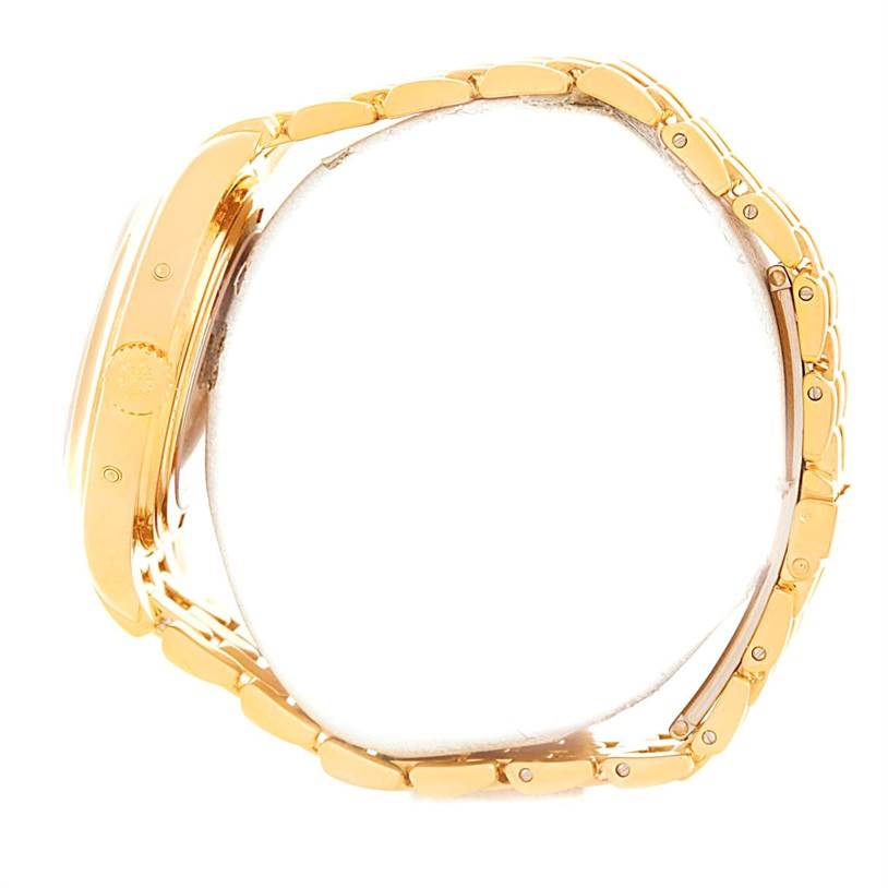 This image shows the side profile of the Patek Philippe 5036 Men's Yellow Gold White Dial 5036 Men's Yellow Gold White Dial Annual Calendar Moonphase 18K Yellow Gold Watch model 5036, highlighting its case and bracelet.