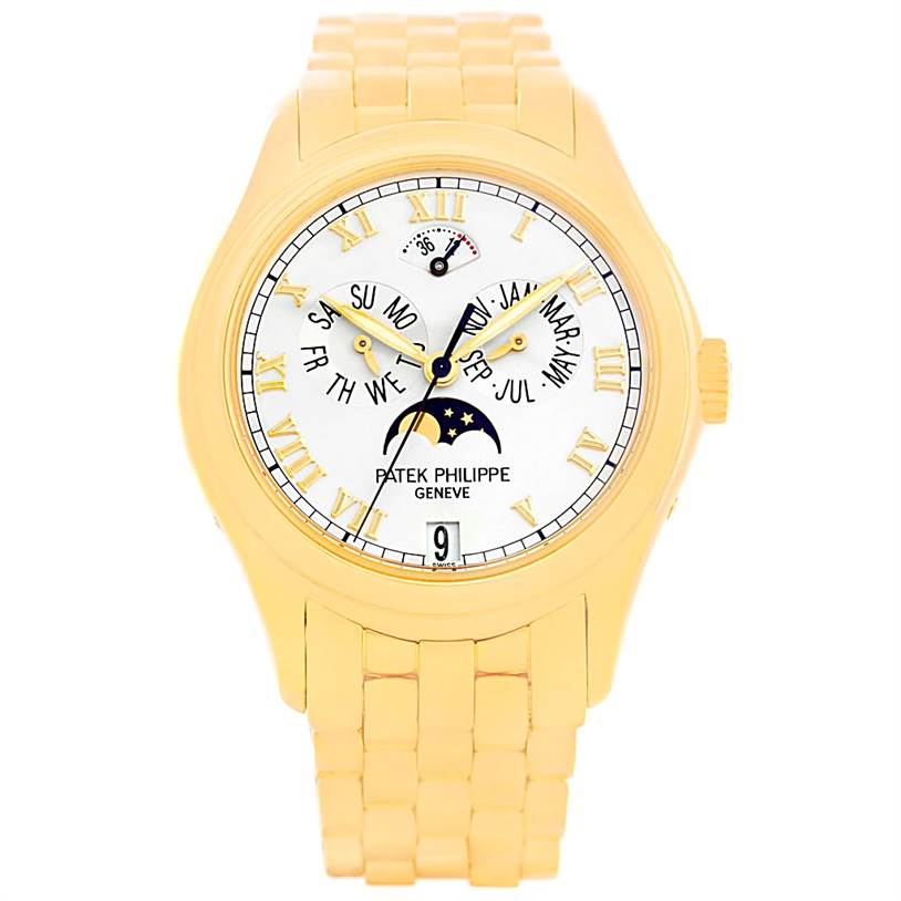 The image shows the Patek Philippe 5036 Men's Yellow Gold White Dial 5036 Men's Yellow Gold White Dial Annual Calendar Moonphase 18K Yellow Gold Watch 5036 model from a frontal angle, displaying its face and bracelet.