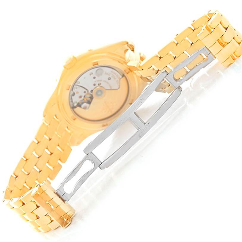 The image shows the back view of the Patek Philippe 5036 Men's Yellow Gold White Dial 5036 Men's Yellow Gold White Dial Annual Calendar Moonphase 18K Yellow Gold Watch 5036 with an open clasp.