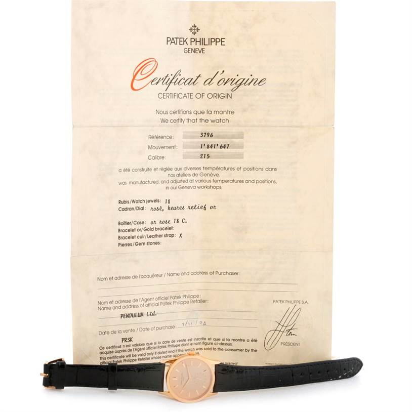 The image shows a Patek Philippe Calatrava 3796 Men's Rose Gold Pink Dial 3796 Men's Rose Gold Pink Dial watch with a certificate of origin, viewed from the front.