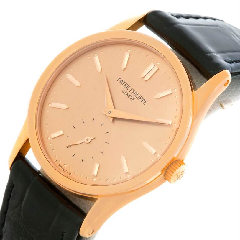 The image shows a Patek Philippe Calatrava 3796 Men's Rose Gold Pink Dial 3796 Men's Rose Gold Pink Dial watch at an angled view, displaying the face, crown, and strap connection.