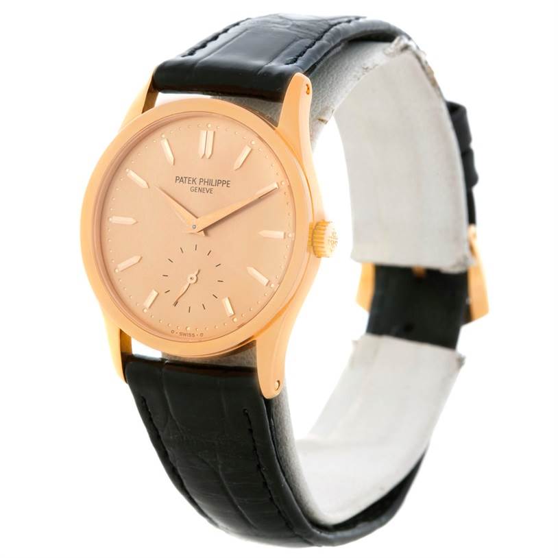 The image shows a Patek Philippe Calatrava 3796 Men's Rose Gold Pink Dial 3796 Men's Rose Gold Pink Dial watch at a three-quarter angle, highlighting the watch face, bezel, and leather strap.