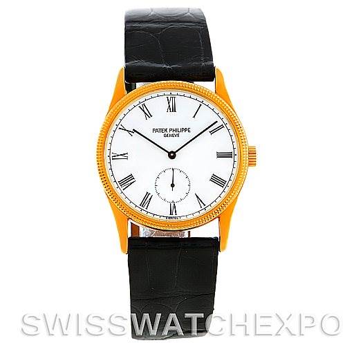 The image shows a front view of a Patek Philippe Calatrava 3796 Men's Yellow Gold White Dial 3796 Men's Yellow Gold White Dial watch, featuring a gold case, black leather strap, and white dial with Roman numerals.