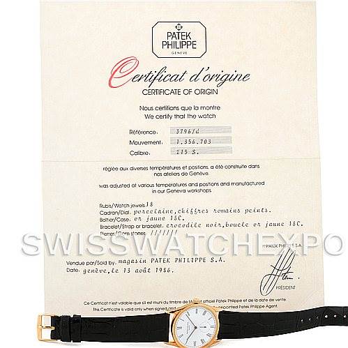 The image shows a Patek Philippe Calatrava 3796 Men's Yellow Gold White Dial 3796 Men's Yellow Gold White Dial watch placed horizontally with its certificate of origin in the background.