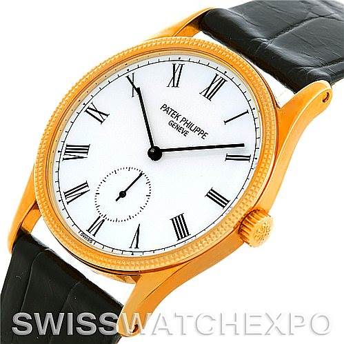 The image shows a Patek Philippe Calatrava 3796 Men's Yellow Gold White Dial 3796 Men's Yellow Gold White Dial watch at an angled view, highlighting the dial, case, and strap.