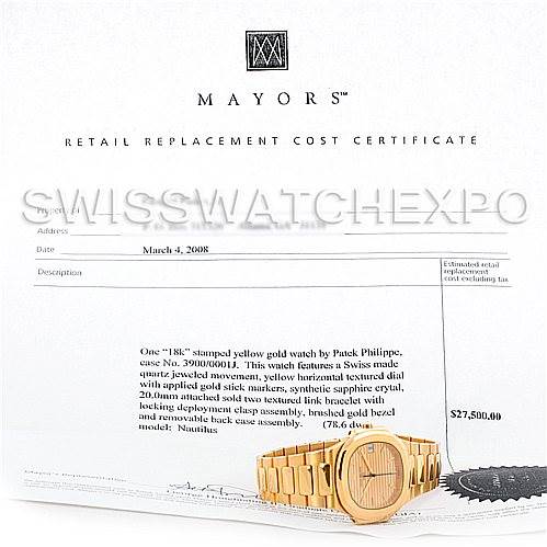 The image shows a Patek Philippe Nautilus 3900/1J Men's Yellow Gold Champagne Dial 3900/1J Men's Yellow Gold Champagne Dial watch resting on a certificate, displaying its dial, bezel, and bracelet from a front angle.
