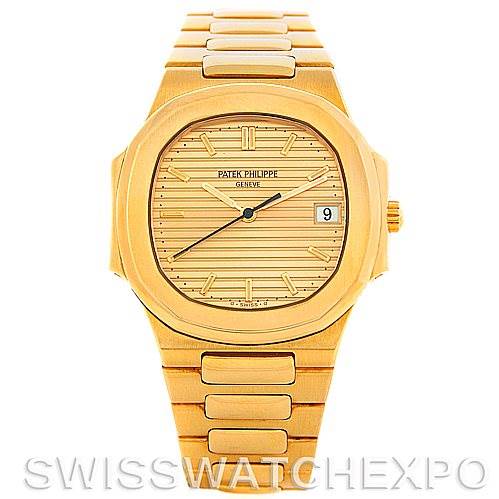 This image shows a front view of the Patek Philippe Nautilus 3900/1J Men's Yellow Gold Champagne Dial 3900/1J Men's Yellow Gold Champagne Dial watch, highlighting its dial, hands, date window, and bracelet.