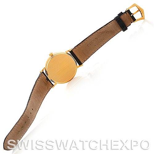 This image shows the back and strap of a Patek Philippe Calatrava 3802 Men's Yellow Gold White Dial 3802 Men's Yellow Gold White Dial watch, viewed from a slightly angled perspective.