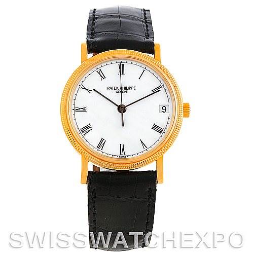 This is a straight-on view of a Patek Philippe Calatrava 3802 Men's Yellow Gold White Dial 3802 Men's Yellow Gold White Dial watch, showcasing its face, bezel, crown, and leather strap.
