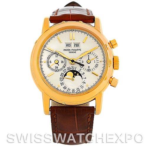 This image shows a frontal view of the Patek Philippe 3970 Men's Yellow Gold Silver Dial 3970 Men's Yellow Gold Silver Dial 3970 18K Yellow Gold Perpetual Calendar Chronograph watch with its leather strap and dial.