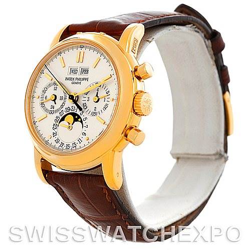 This image shows a side and front angle of a Patek Philippe 3970 Men's Yellow Gold Silver Dial 3970 Men's Yellow Gold Silver Dial 18K Yellow Gold Perpetual Calendar Chronograph Watch 3970 model with a brown leather strap.