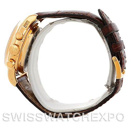 This image shows the side profile and part of the strap of the Patek Philippe 3970 Men's Yellow Gold Silver Dial 3970 Men's Yellow Gold Silver Dial 3970 18K Yellow Gold Perpetual Calendar Chronograph Watch.