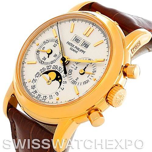 The image shows a Patek Philippe 3970 Men's Yellow Gold Silver Dial 3970 Men's Yellow Gold Silver Dial 3970 18K Yellow Gold Perpetual Calendar Chronograph Watch, viewed from a slight angle highlighting the front dial, gold case, and brown leather strap.